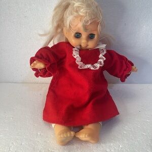 Vintage 70s doll blonde blue sleepy eyes red dress 12"